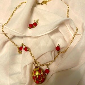 Handmade new necklace & earring set red & gold with rhinestones